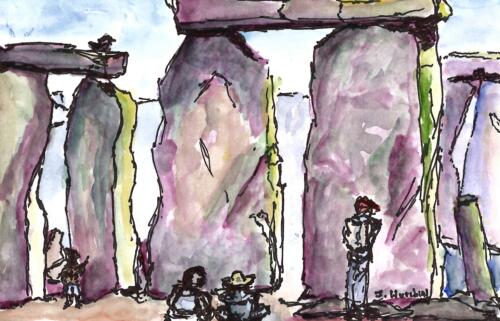 Stonehenge Visitors, 4x6 Watercolor, $50